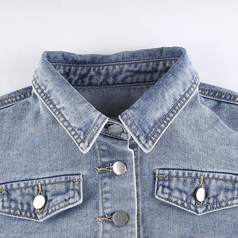 Rockmore Button Up Y2K Cropped Jeans Jackets Women Turn-down Collar Denim Jacket Vintage Long Sleeve Outwear Coats Streetwear