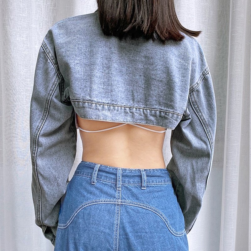 Rockmore Button Up Y2K Cropped Jeans Jackets Women Turn-down Collar Denim Jacket Vintage Long Sleeve Outwear Coats Streetwear