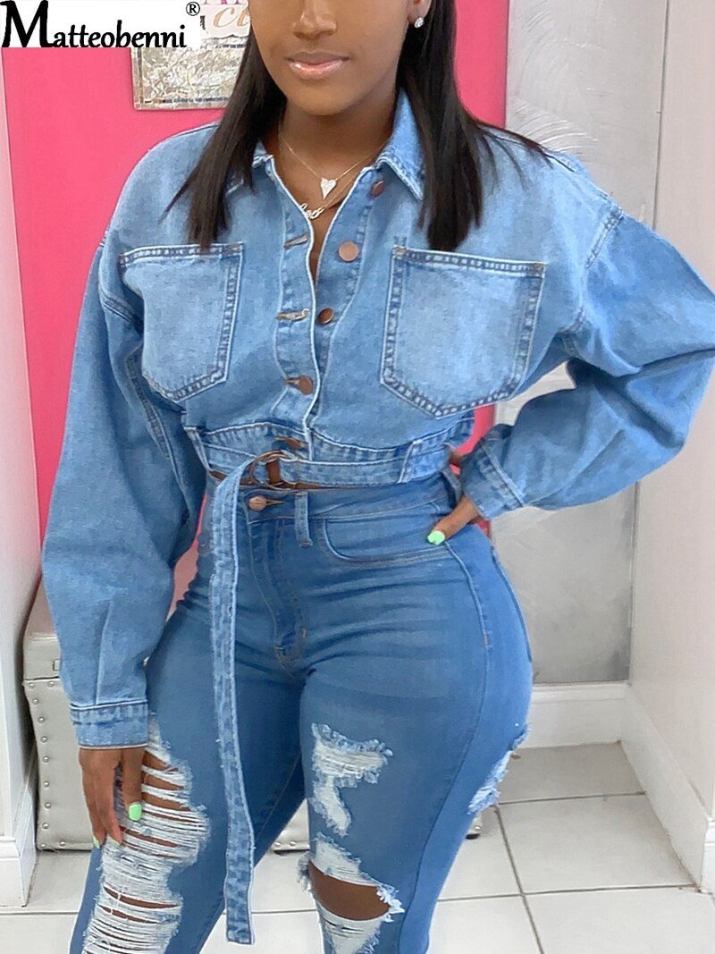 Fashion Jeans Jackets Coats Women 2020 Short Casual Loose Denim Coat Autumn Long Sleeve oversize women denim jacket with belt