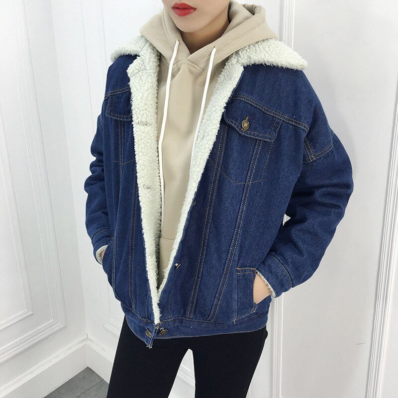Women Denim Jacket Coat Lambswool Warm Fleece Outerwear Overcoat Autumn Winter Black Blue Batwing Sleeve