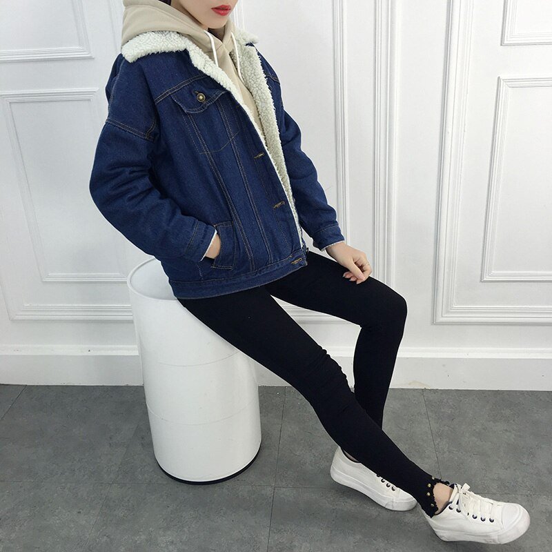 Women Denim Jacket Coat Lambswool Warm Fleece Outerwear Overcoat Autumn Winter Black Blue Batwing Sleeve