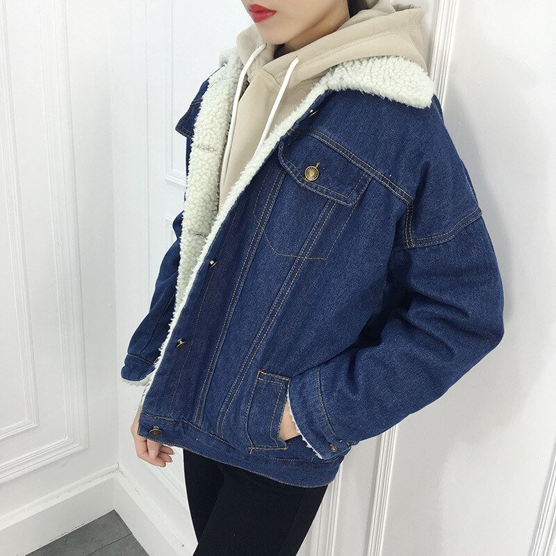 Women Denim Jacket Coat Lambswool Warm Fleece Outerwear Overcoat Autumn Winter Black Blue Batwing Sleeve