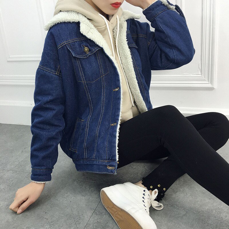 Women Denim Jacket Coat Lambswool Warm Fleece Outerwear Overcoat Autumn Winter Black Blue Batwing Sleeve