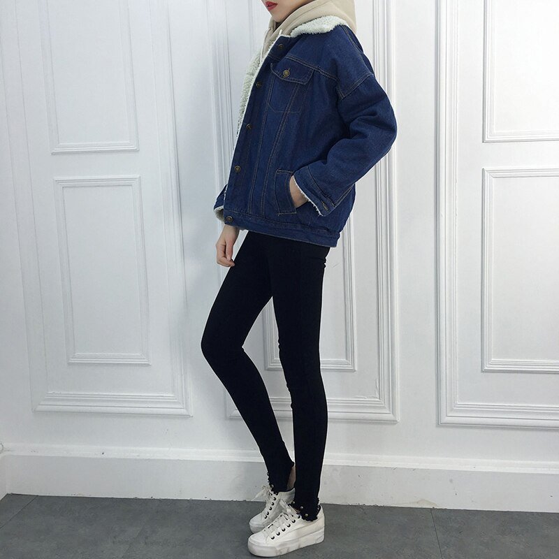 Women Denim Jacket Coat Lambswool Warm Fleece Outerwear Overcoat Autumn Winter Black Blue Batwing Sleeve