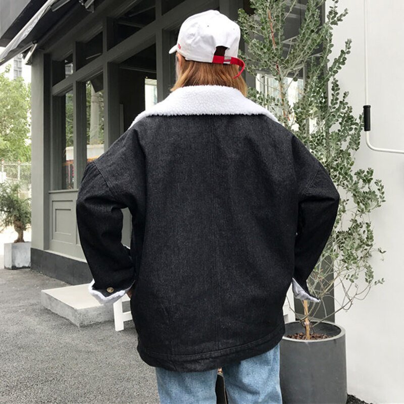 Women Denim Jacket Coat Lambswool Warm Fleece Outerwear Overcoat Autumn Winter Black Blue Batwing Sleeve