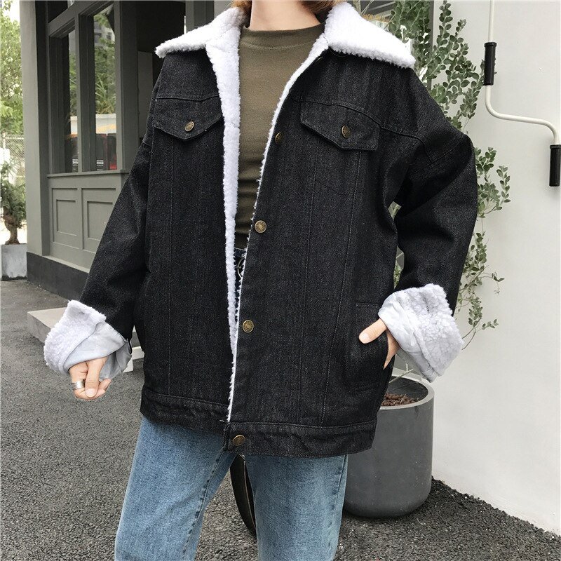 Women Denim Jacket Coat Lambswool Warm Fleece Outerwear Overcoat Autumn Winter Black Blue Batwing Sleeve