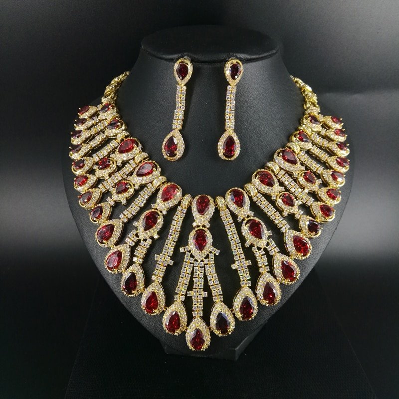 2020 new fashion Luxury Cleopatra red droplet zircon wedding necklace set,bride dressing,dinner ball party jewelry,free ship!