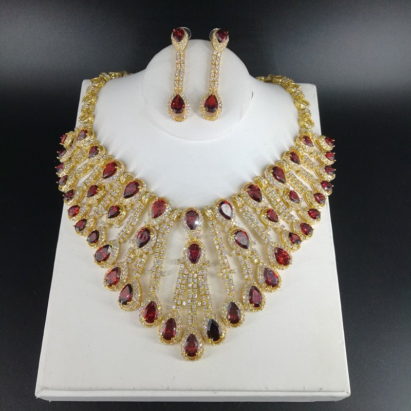 2020 new fashion Luxury Cleopatra red droplet zircon wedding necklace set,bride dressing,dinner ball party jewelry,free ship!