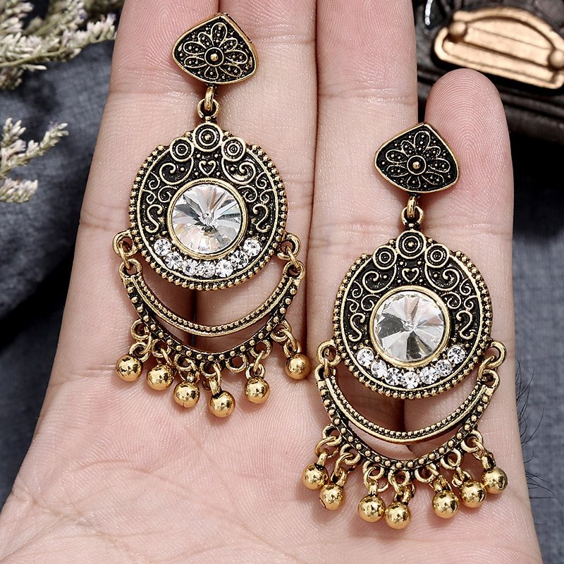 Crazy Feng  Women Vintage Earrings Ethnic Hollow CZ Heart Egypt Indian Bell Dangling Earrings Jewelry Mujer Trible Accessorie