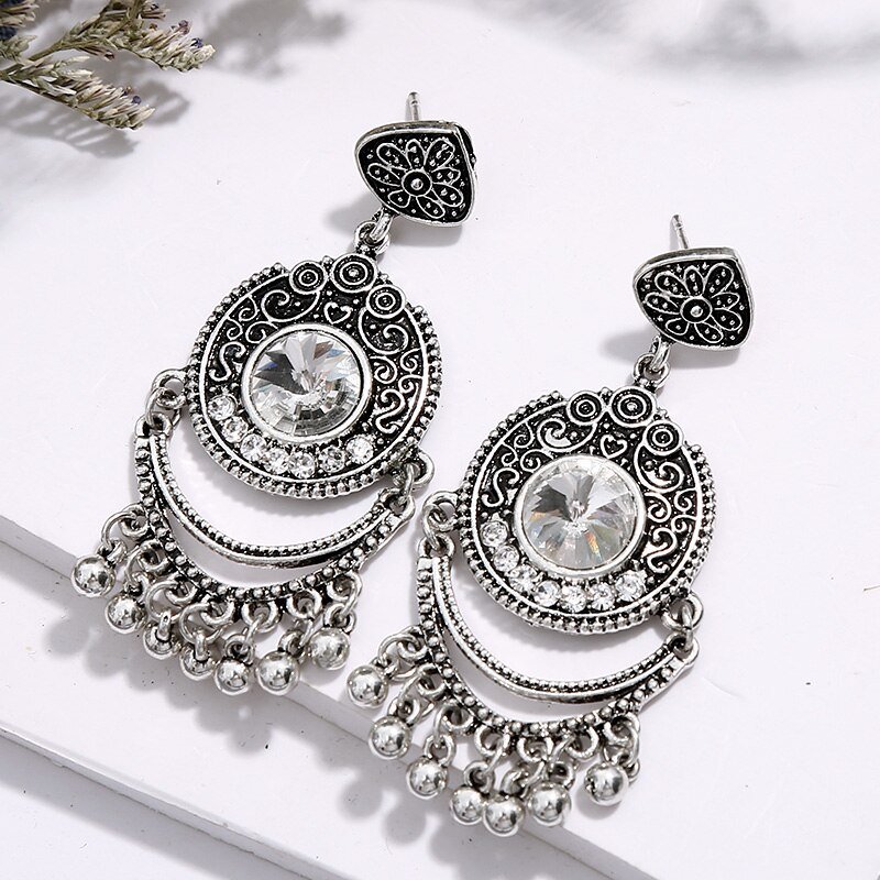 Crazy Feng  Women Vintage Earrings Ethnic Hollow CZ Heart Egypt Indian Bell Dangling Earrings Jewelry Mujer Trible Accessorie