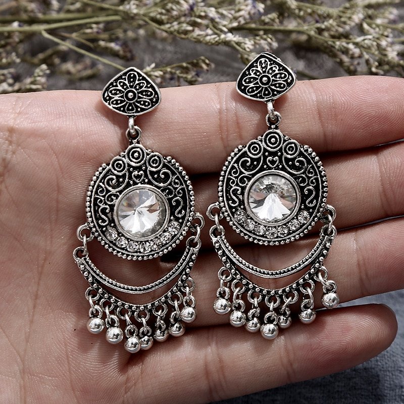Crazy Feng  Women Vintage Earrings Ethnic Hollow CZ Heart Egypt Indian Bell Dangling Earrings Jewelry Mujer Trible Accessorie