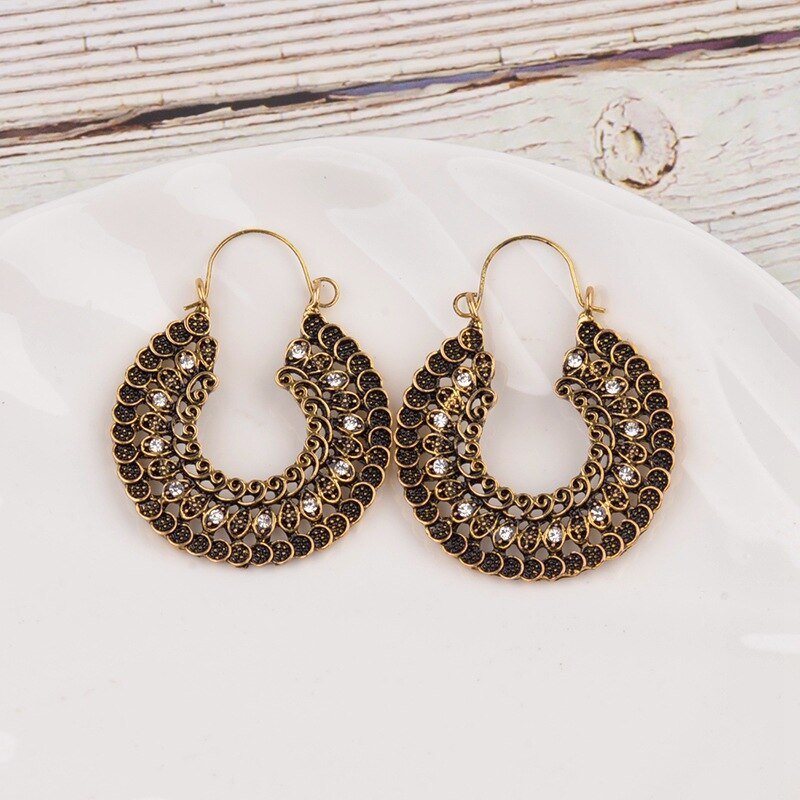 Crazy Feng  Women Vintage Earrings Ethnic Hollow CZ Heart Egypt Indian Bell Dangling Earrings Jewelry Mujer Trible Accessorie