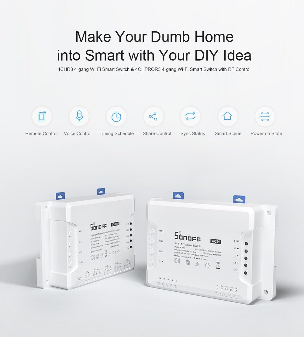 Sonoff 4CH R3 Wifi Schakelaar 4 Gang Diy Smart Switch App Afstandsbediening Schakelaar Draadloze Smart Home Controller Werkt Met Alexa goole Thuis