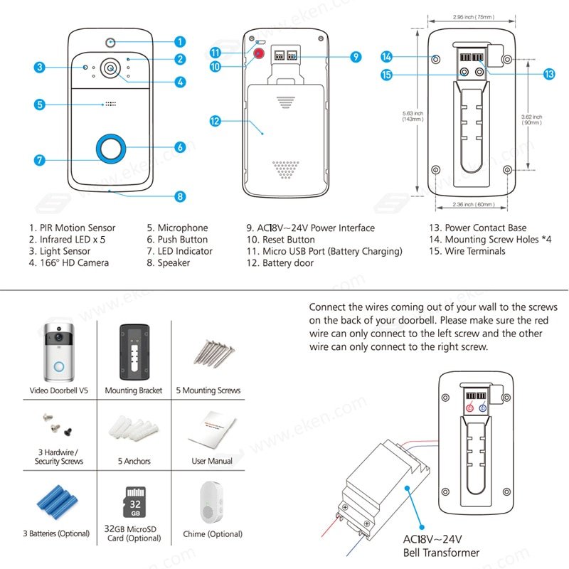 Eken V5 Smart Wifi Video Deurbel Camera Visuele Intercom Met Chime Nachtzicht Ip Deurbel Draadloze Home Security Camera