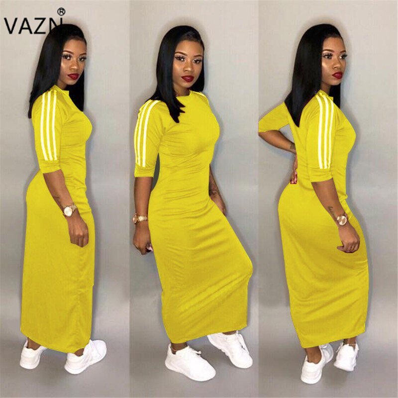 VAZN Autumn Hot Fashion 2018 Women Solid 6-Colors Dress Casual O-Neck Half Sleeve Dress Ladies Bodycon Hollow Out Dress SY8221