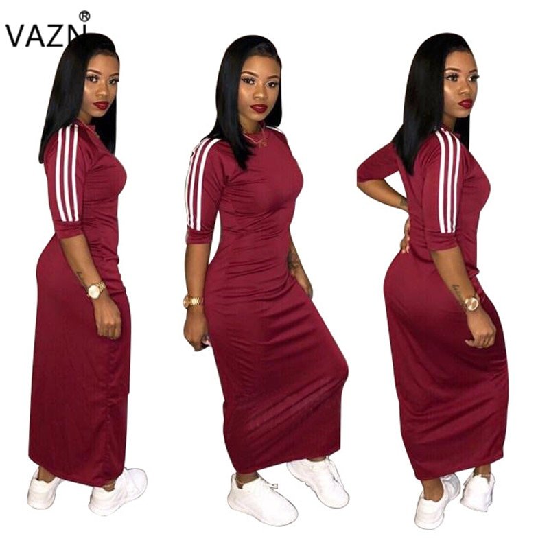 VAZN Autumn Hot Fashion 2018 Women Solid 6-Colors Dress Casual O-Neck Half Sleeve Dress Ladies Bodycon Hollow Out Dress SY8221