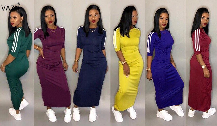 VAZN Autumn Hot Fashion 2018 Women Solid 6-Colors Dress Casual O-Neck Half Sleeve Dress Ladies Bodycon Hollow Out Dress SY8221