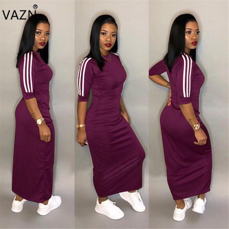 VAZN Autumn Hot Fashion 2018 Women Solid 6-Colors Dress Casual O-Neck Half Sleeve Dress Ladies Bodycon Hollow Out Dress SY8221
