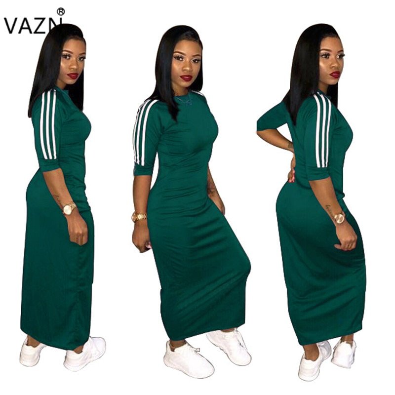 VAZN Autumn Hot Fashion 2018 Women Solid 6-Colors Dress Casual O-Neck Half Sleeve Dress Ladies Bodycon Hollow Out Dress SY8221