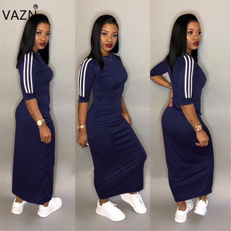 VAZN Autumn Hot Fashion 2018 Women Solid 6-Colors Dress Casual O-Neck Half Sleeve Dress Ladies Bodycon Hollow Out Dress SY8221