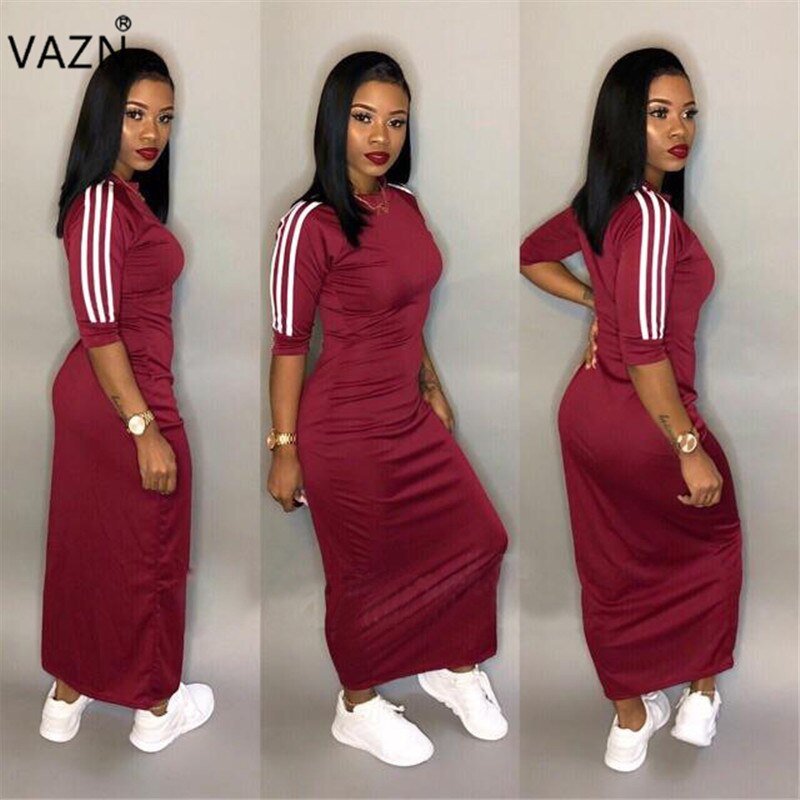 VAZN Autumn Hot Fashion 2018 Women Solid 6-Colors Dress Casual O-Neck Half Sleeve Dress Ladies Bodycon Hollow Out Dress SY8221