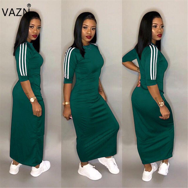 VAZN Autumn Hot Fashion 2018 Women Solid 6-Colors Dress Casual O-Neck Half Sleeve Dress Ladies Bodycon Hollow Out Dress SY8221