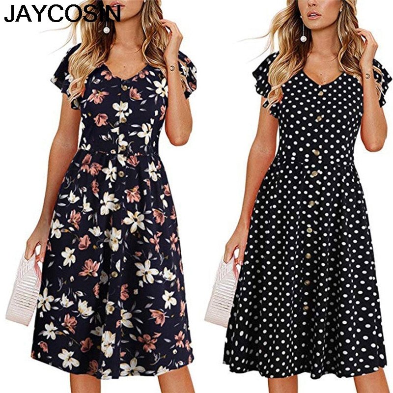 JAYCOSIN 2019 New Summer Women Dress Print Button Sleeveless Pleated Evening Party Club Dress Beach Dresses Vestido je30