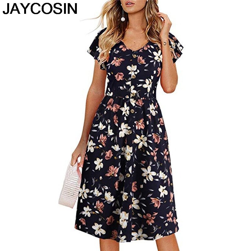 JAYCOSIN 2019 New Summer Women Dress Print Button Sleeveless Pleated Evening Party Club Dress Beach Dresses Vestido je30