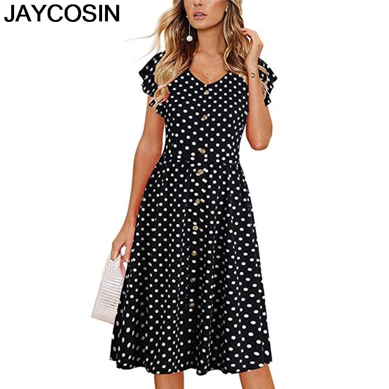 JAYCOSIN 2019 New Summer Women Dress Print Button Sleeveless Pleated Evening Party Club Dress Beach Dresses Vestido je30