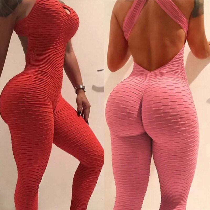 Women Sport Jumpsuit High Waist Sexy Bodysuit Halter Top Backless Skinny Bandage Playsuit Fitness Gym Overalls Woman Clothes