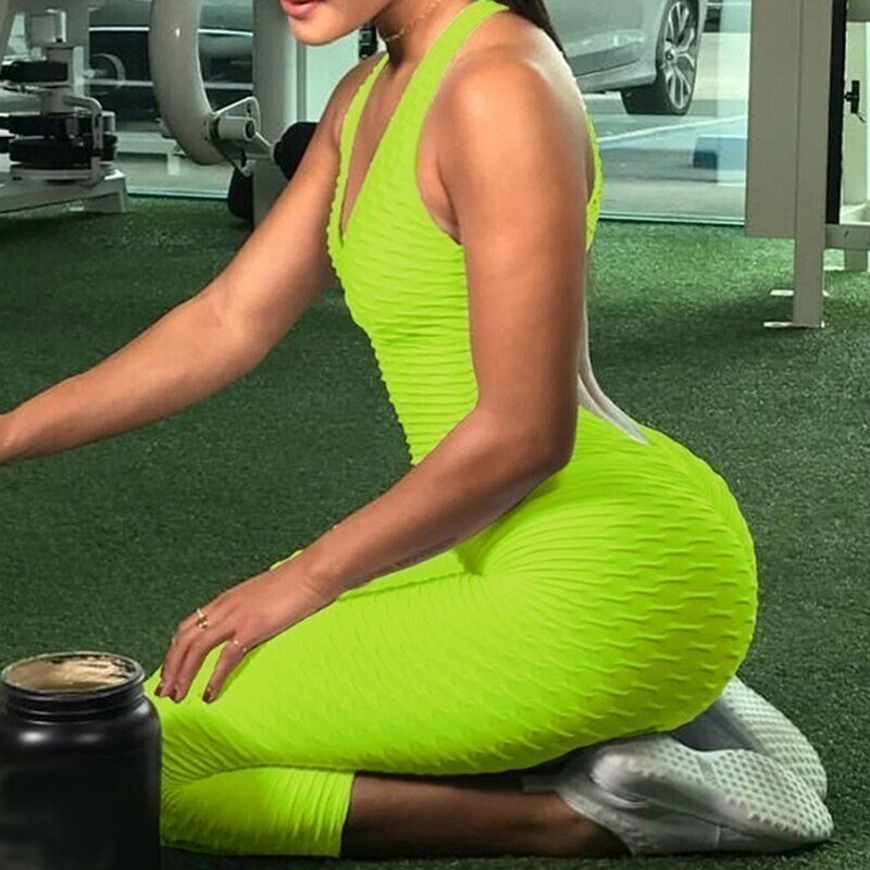 Women Sport Jumpsuit High Waist Sexy Bodysuit Halter Top Backless Skinny Bandage Playsuit Fitness Gym Overalls Woman Clothes
