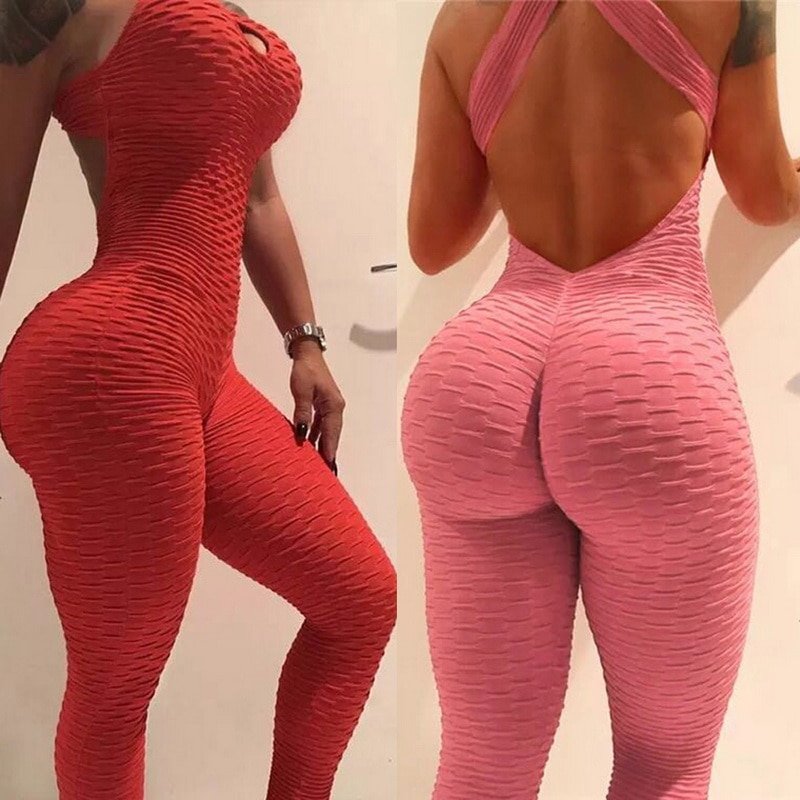 Women Sport Jumpsuit High Waist Sexy Bodysuit Halter Top Backless Skinny Bandage Playsuit Fitness Gym Overalls Woman Clothes