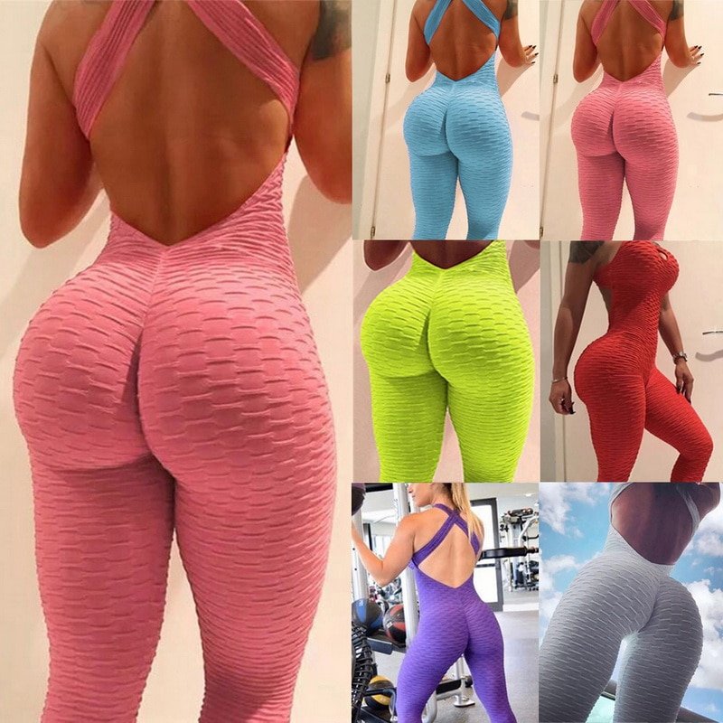 Women Sport Jumpsuit High Waist Sexy Bodysuit Halter Top Backless Skinny Bandage Playsuit Fitness Gym Overalls Woman Clothes
