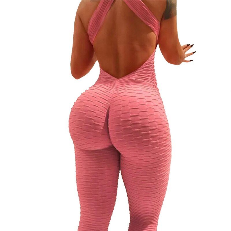 Women Sport Jumpsuit High Waist Sexy Bodysuit Halter Top Backless Skinny Bandage Playsuit Fitness Gym Overalls Woman Clothes