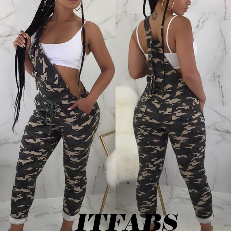 Sexy Jumpsuit Women Camo Camouflage Printed Overalls Playsuits Romper Straps Dungarees Harem Long Pants