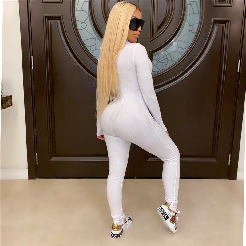 Autumn 2020 Sexy Women Bodysuit Long Sleeve Clothing Wear Slim Skinny Clubwear Solid Zipper Bodycon Bandage Jumpsuit Casual
