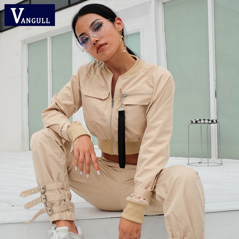 Vangull New Khaki Rompers Womens Jumpsuit Long Elegant Zipper Pockets Sleeveless Adjusted Strap High Waist Cotton Fashion Summer