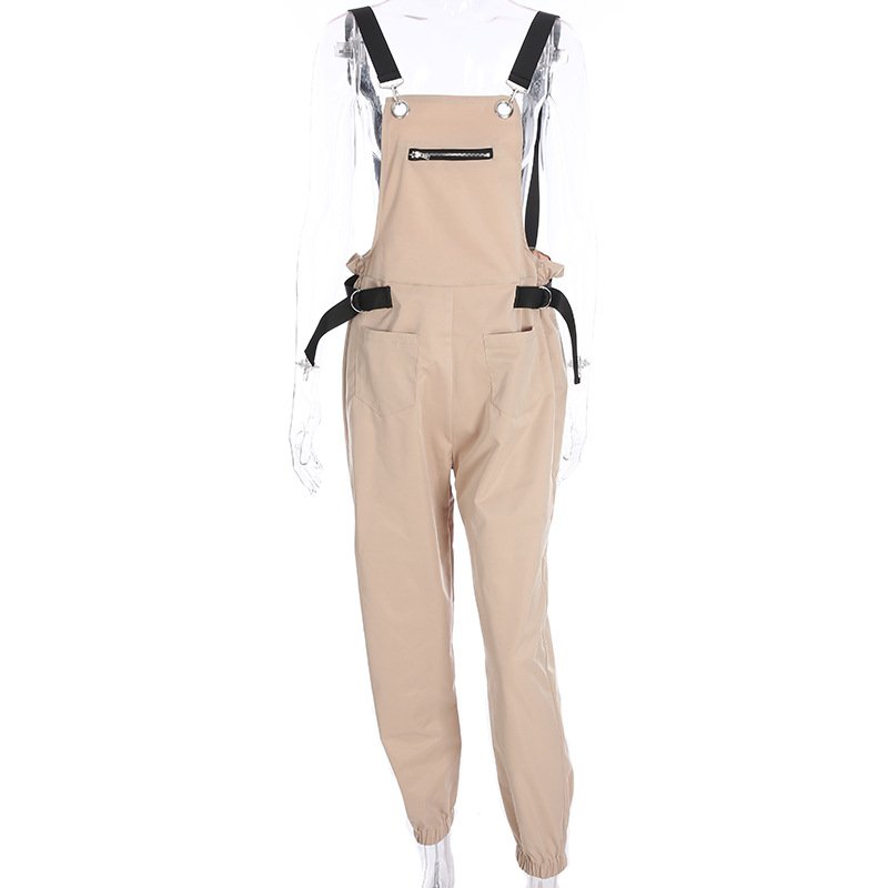 Vangull New Khaki Rompers Womens Jumpsuit Long Elegant Zipper Pockets Sleeveless Adjusted Strap High Waist Cotton Fashion Summer