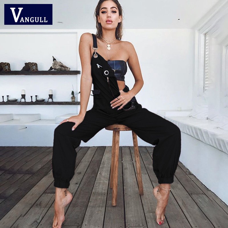 Vangull New Khaki Rompers Womens Jumpsuit Long Elegant Zipper Pockets Sleeveless Adjusted Strap High Waist Cotton Fashion Summer