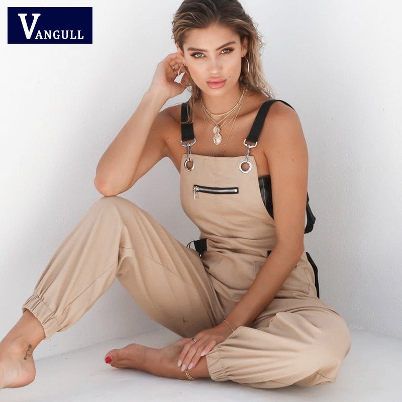 Vangull New Khaki Rompers Womens Jumpsuit Long Elegant Zipper Pockets Sleeveless Adjusted Strap High Waist Cotton Fashion Summer