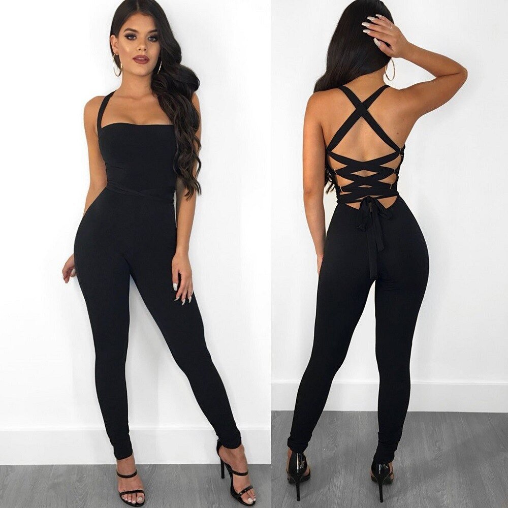 Women skinny bandage lace up backless halter jumpsuit Casual Rompers for female women 2018 autumn new jumpsuits women autumn Women skinny bandage lace up backless halter jumpsuit Casual Rompers for female women 2018 autumn new jumpsuits women autumn
