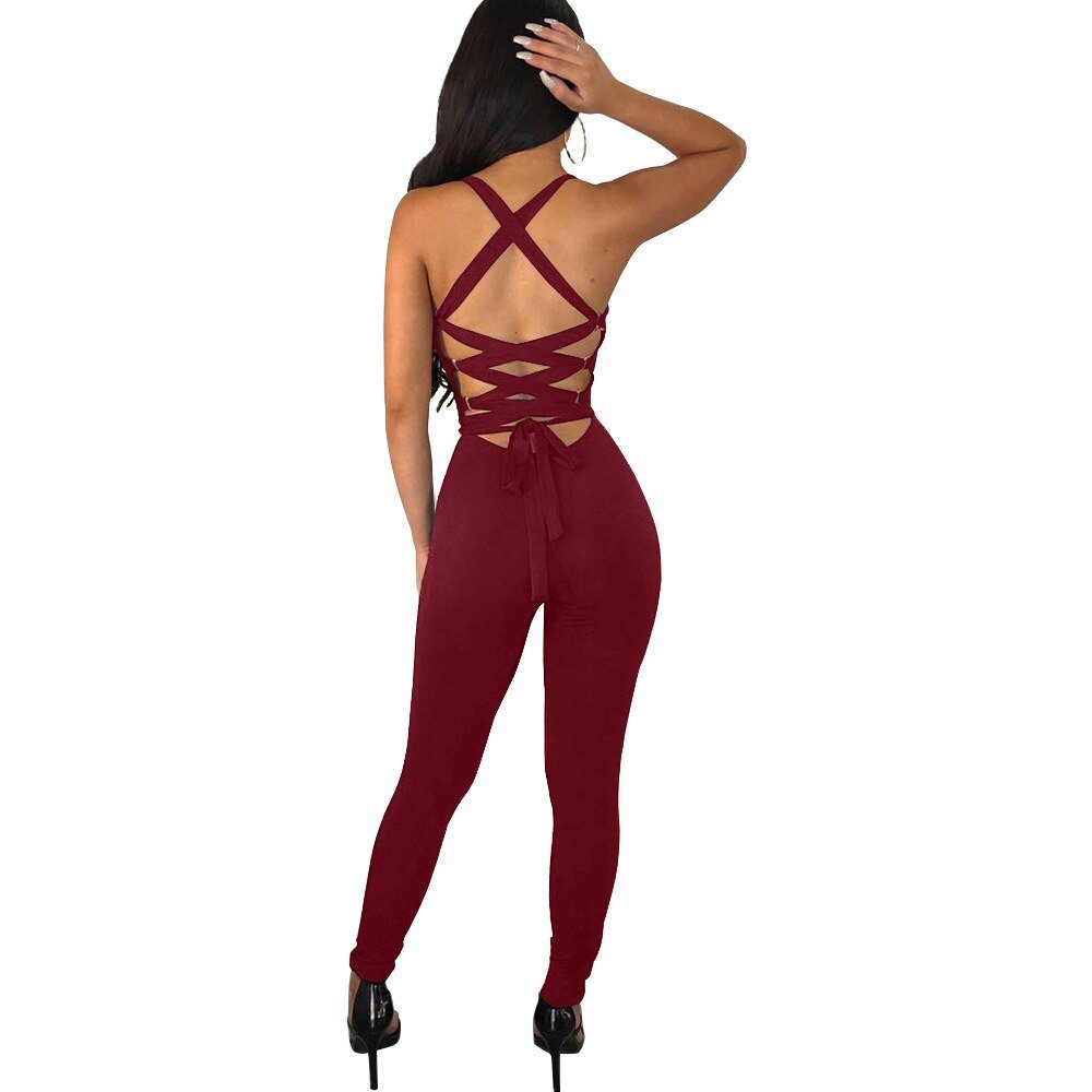 Women skinny bandage lace up backless halter jumpsuit Casual Rompers for female women 2018 autumn new jumpsuits women autumn Women skinny bandage lace up backless halter jumpsuit Casual Rompers for female women 2018 autumn new jumpsuits women autumn