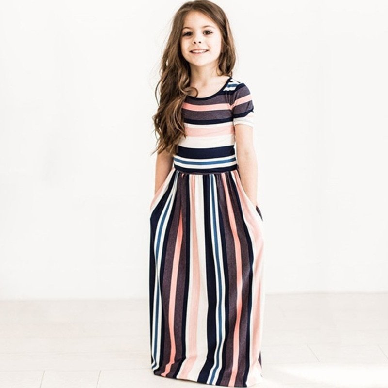 2020 Girls Dress Kids Dresses For Vertical Stripes Fashion Short Sleeves Long Dresses Children's Clothing INS Style Hot Sale