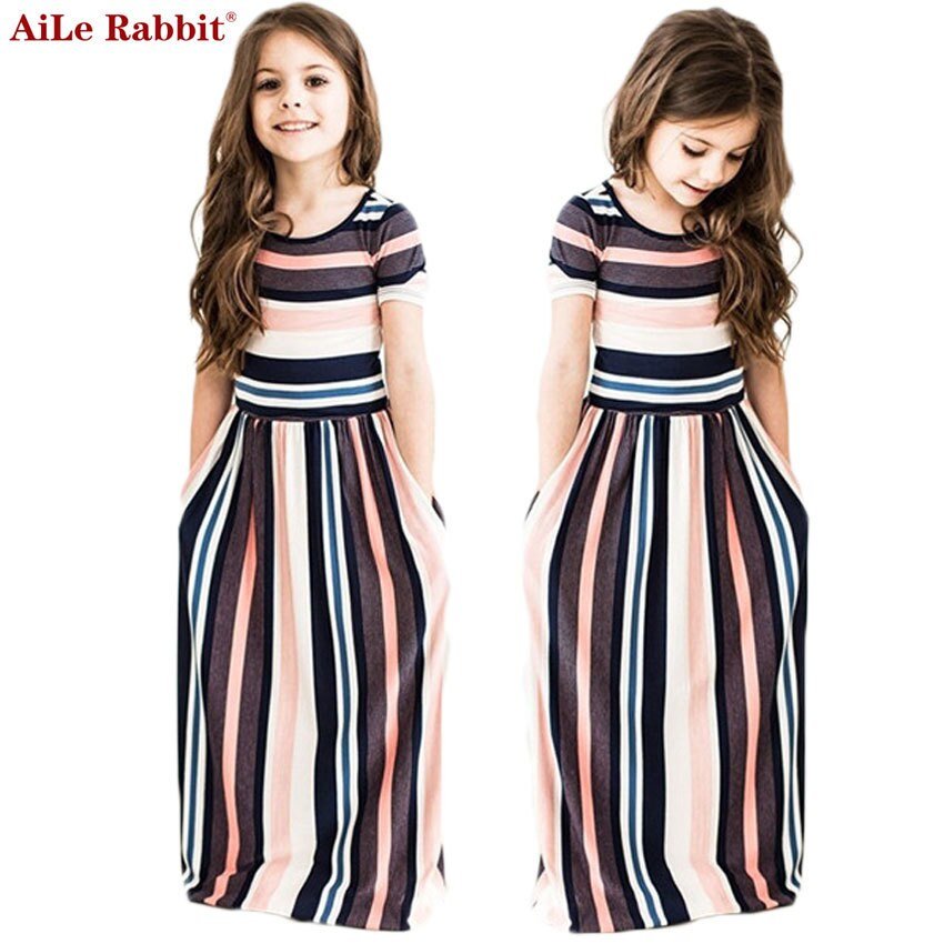 2020 Girls Dress Kids Dresses For Vertical Stripes Fashion Short Sleeves Long Dresses Children's Clothing INS Style Hot Sale