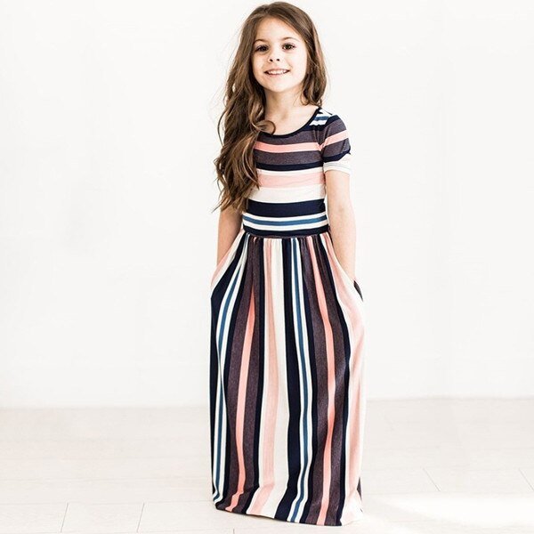 2020 Girls Dress Kids Dresses For Vertical Stripes Fashion Short Sleeves Long Dresses Children's Clothing INS Style Hot Sale