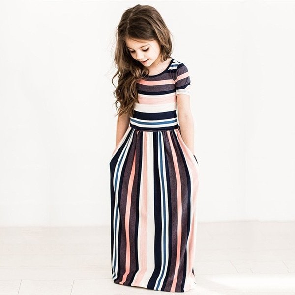 2020 Girls Dress Kids Dresses For Vertical Stripes Fashion Short Sleeves Long Dresses Children's Clothing INS Style Hot Sale