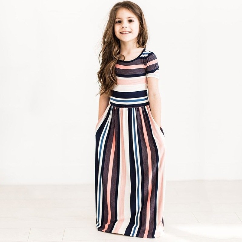 Kids Dresses For Girls Toddler Baby Girls Striped Beach Strap Clothes Long Dress Bohemian Children Party Beachwear Dress Outfits