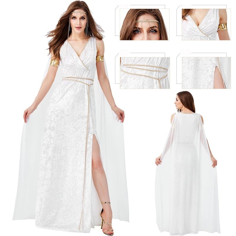 Medieval White Greek Goddess Cosplay Costumes Cleopatra Egypt Roman Retro Sexy Long Dresses Women Halloween Party Fancy Clothing