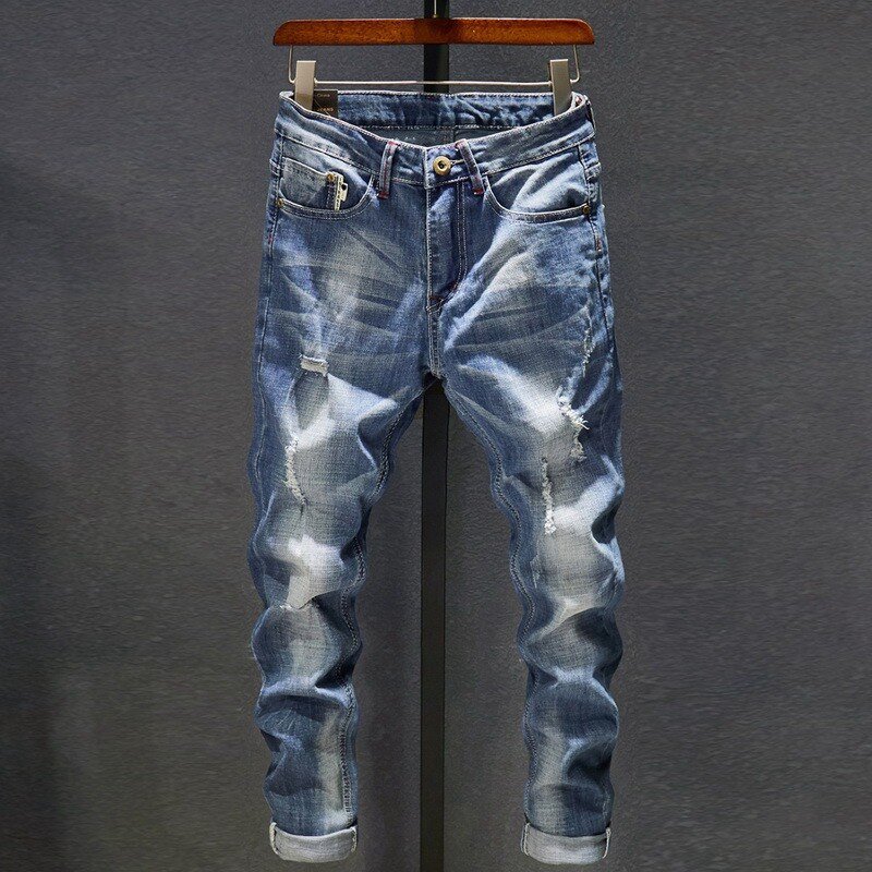 Laamei Heren Jeans Gaten Verzwakte Hiphop Ripped Lichtblauw Skinny Stretch Slanke Streetwear Verontruste Moto Biker Mannelijke Denim Broek