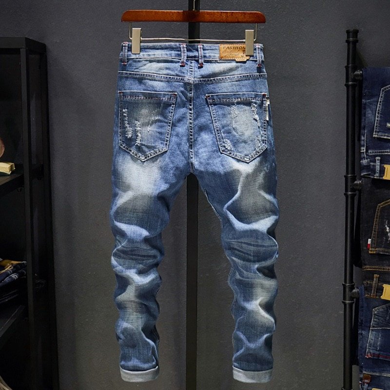 Laamei Heren Jeans Gaten Verzwakte Hiphop Ripped Lichtblauw Skinny Stretch Slanke Streetwear Verontruste Moto Biker Mannelijke Denim Broek